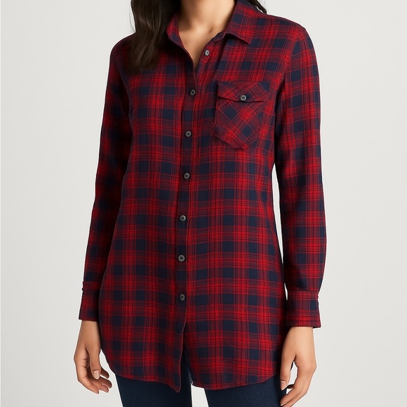 J. Crew Tops - J.Crew Red & Navy Plaid Tunic Shirt - Size M